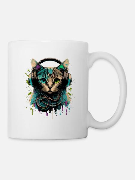 Chat avec casque - Mug blanc - blanc