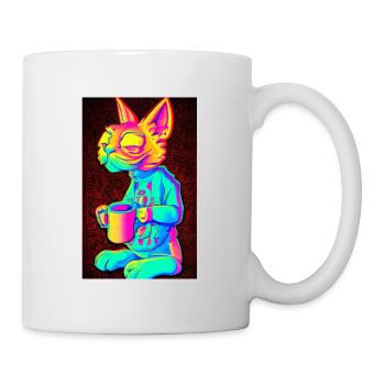 Katze hält Kaffeetasse in psychedelischen Farben - Tasse - Weiß - Rechts