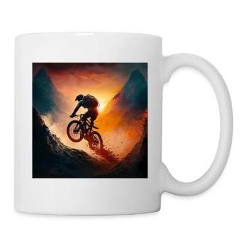 Sonnenuntergang Mountainbiker in den Bergen gemalt - Tasse - Weiß - Rechts