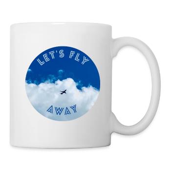 Lasst uns wegfliegen, das Thema mit dem Flugzeug am Himmel. Luftfahrt - Tasse - Weiß - Rechts