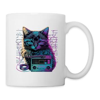 Katze mit Kassette - Tasse - Weiß - Rechts