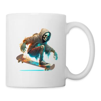 A skeleton with a hoodie riding a skateboard - Mug - white - Right