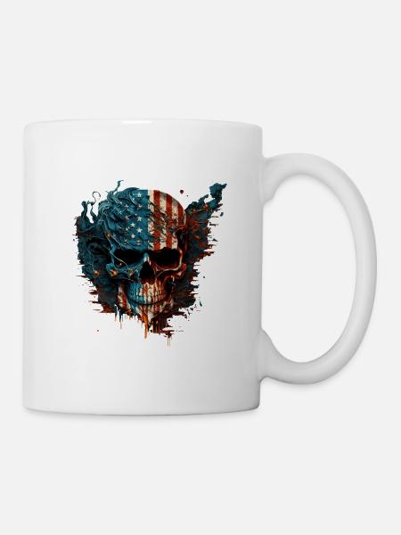 American Skull, USA Flagge Skull, schwarzes Design. - Tasse - Weiß