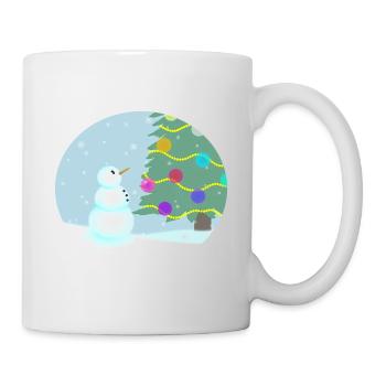 Snowman admires Christmas tree - Mug - white - Right
