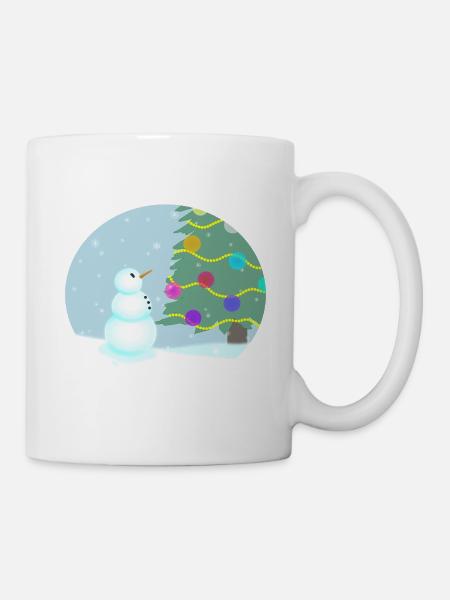 Un bonhomme de neige admire le sapin de Noël - Mug blanc - blanc