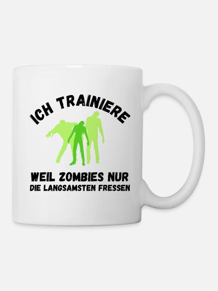 Zombie Training grau Schrift lustig Fitness - Tasse - Weiß