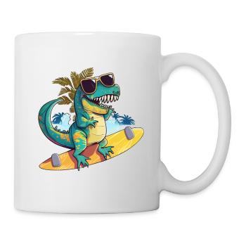 Dino Dinosaurier auf Surfboard mit Sonnenbrille - Tasse - Weiß - Rechts
