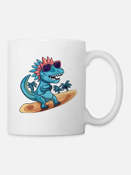 Dino Dinosaur on surfboard with sunglasses - Mug - white