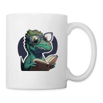 Little baby Dino with glasses reads a book - Mug - white - Right