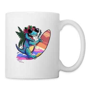 Dino Dinosaurier auf Surfboard mit Sonnenbrille - Tasse - Weiß - Rechts