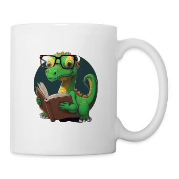 Little baby Dino with big nerd glasses reads book - Mug - white - Right