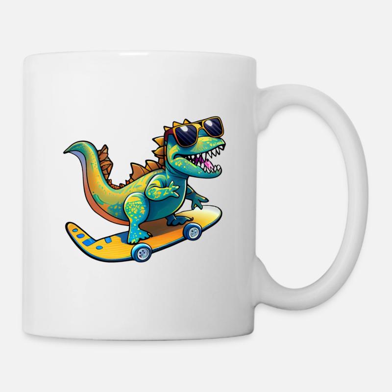 Dino Dinosaurier auf Skateboard mit Sonnenbrille - Tasse - Weiß