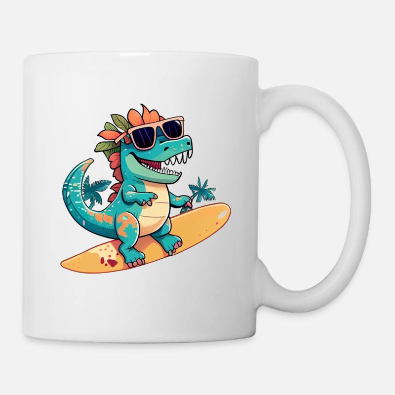 Dino Dinosaurier auf Surfboard mit Sonnenbrille - Tasse - Weiß