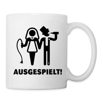 Ausgespielt! (JGA / Peitsche / Bier / Black) - Tasse - Weiß - Rechts