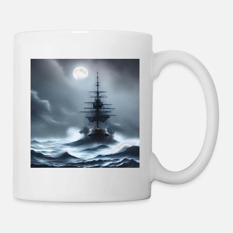 Schiff im Sturm bei Vollmond - Tasse - Weiß