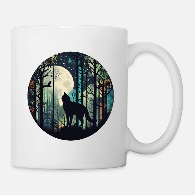 Katze im Wald mit Vollmond, Bäumen - Tasse - Weiß