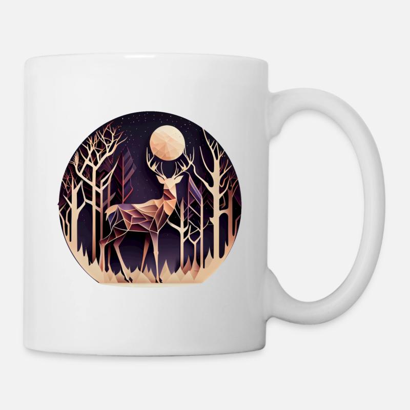 Cerf avec lune dans la forêt avec des arbres - Papercut - Mug blanc - blanc