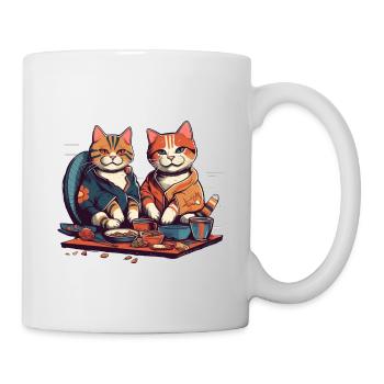 Comic cats eat sushi together - Mug - white - Right