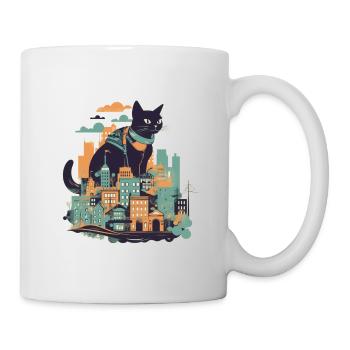 Chat noir assis devant une ville colorée - Mug blanc - blanc - Droite