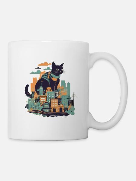 Schwarze Katze die vor einer bunten Stadt sitzt - Tasse - Weiß