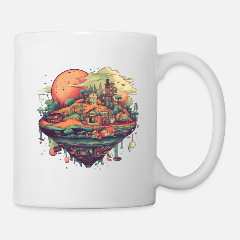 Surrealistisches fliegendes Dorf in bunt - Tasse - Weiß