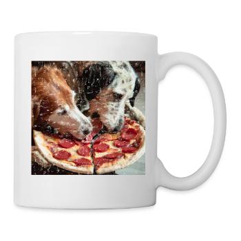 two dogs eating salami pizza - Mug - white - Right