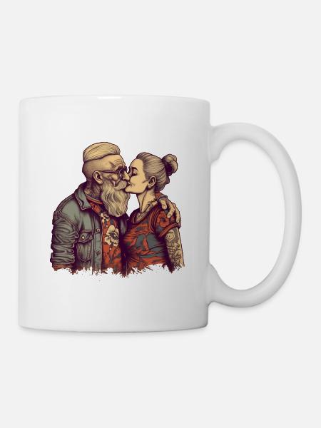 Cooles Best Ager Pärchen küsst sich mit Tattoos - Tasse - Weiß