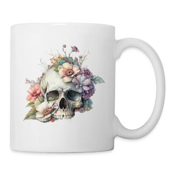 Totenkopf mit bunten Blumen - Tasse - Weiß - Rechts