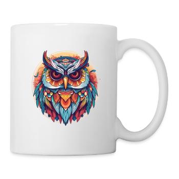 Eule im Kreis, bunt, mit Federn, geometrisch - Tasse - Weiß - Rechts