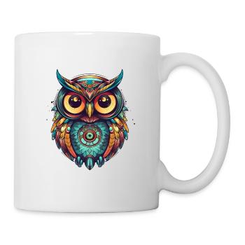 Eule mit Federn, Boho, Cartoon Style, geometrisch - Tasse - Weiß - Rechts