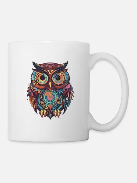 Hibou mignon avec horlogerie, style comique, géométrique - Mug blanc - blanc