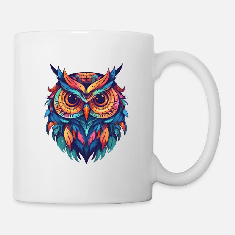 Indie-style Eule mit bunten Federn - Tasse - Weiß