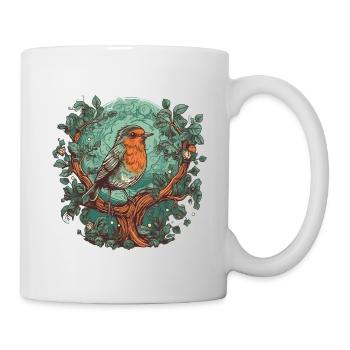 Rotkehlchen singend auf einem Ast - Tasse - Weiß - Rechts