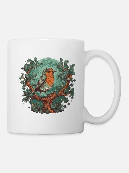 Rotkehlchen singend auf einem Ast - Tasse - Weiß