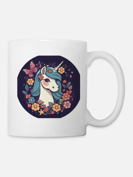 Elegantes Einhorn mit Schmetterling Blumen - Tasse - Weiß