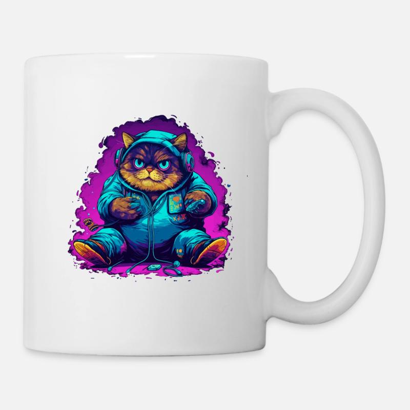 fat gamer japanese cat with Controll Syntwave - Mug - white