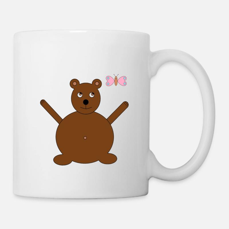 Brauner Bär & rosa/blauer Schmetterling - Tasse - Weiß