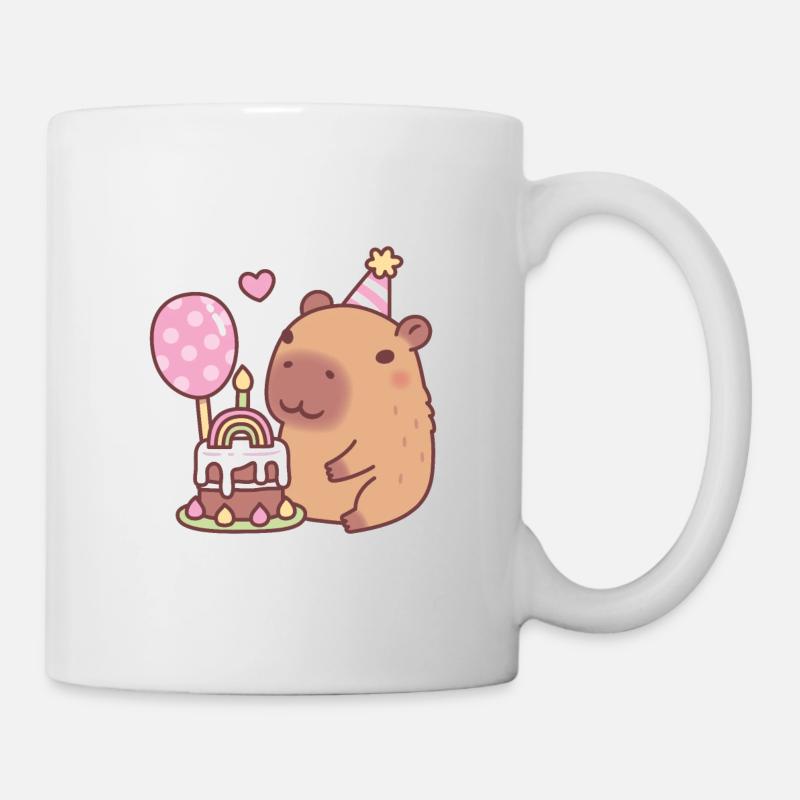 Cute Capybara Rainbow Birthday Cake And Balloon - Mug - white