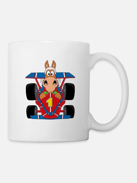 RENNWAGEN - AUTO - PFERD - PONY - AUTORENNEN - Tasse - Weiß