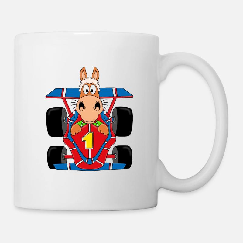 RENNWAGEN - AUTO - PFERD - PONY - AUTORENNEN - Tasse - Weiß