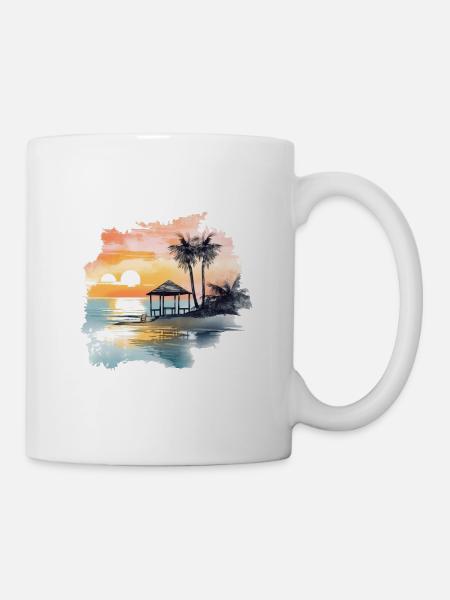 Ein Beachhaus am Stand mit Meerblick und Palmen - Tasse - Weiß