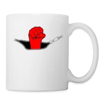 red raised fist looks out zipper - Mug - white - Right
