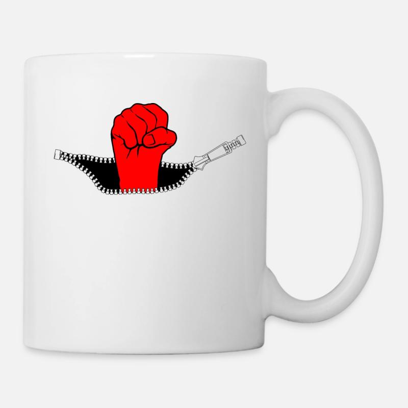 rote, erhobene Faust schaut aus Reißverschluss - Tasse - Weiß
