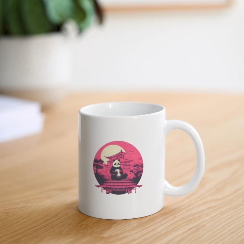 Synthwave mangeant Panda Japon Coucher de soleil Mug blanc