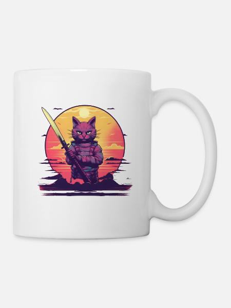 Synthwave samurai Cat sunset - Tasse - Weiß