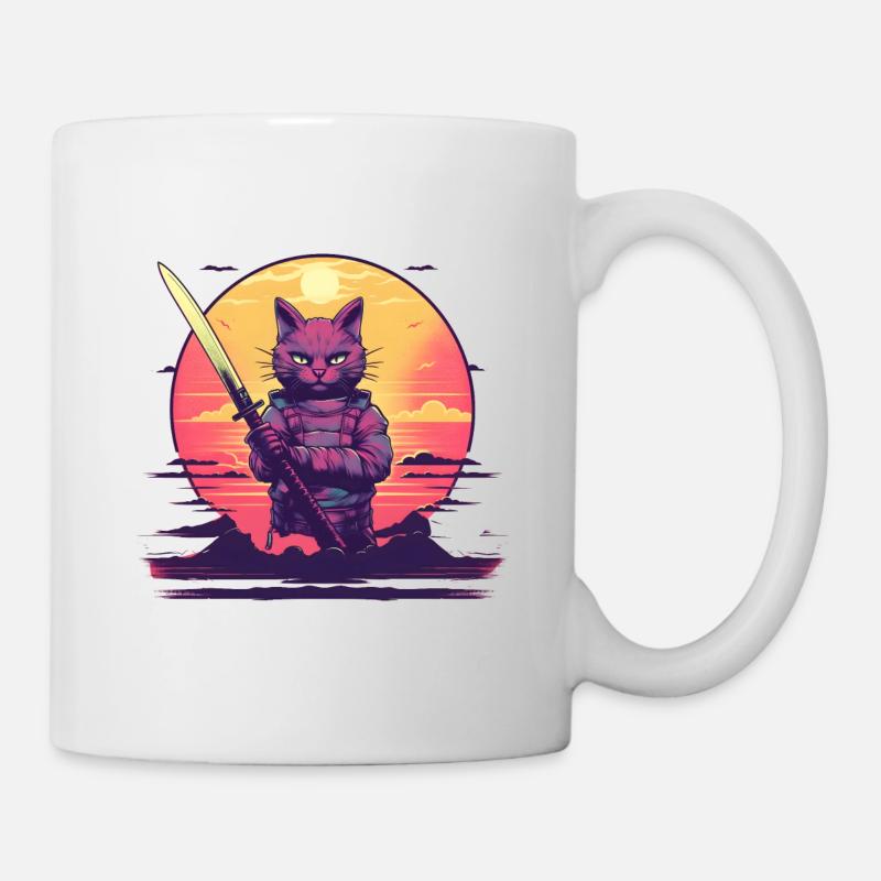 Synthwave samurai Cat sunset - Tasse - Weiß