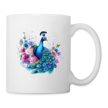 Pfau Blumen Pfauenfeder Exotisch Farbenfroh Bunt - Tasse - Weiß - Rechts