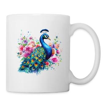 Pfau Blumen Pfauenfeder Exotisch Farbenfroh Bunt - Tasse - Weiß - Rechts