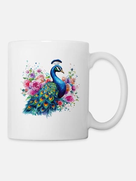 Pfau Blumen Pfauenfeder Exotisch Farbenfroh Bunt - Tasse - Weiß