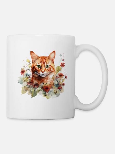 Red Cat Tiger Cat Fleurs Aquarelle Art Coloré - Mug blanc - blanc